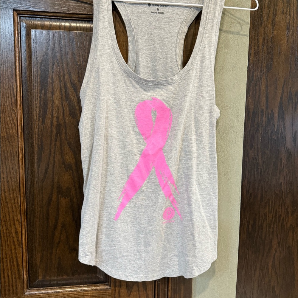 Pure Barre Light Gray Tank Top with Pink Ribbon